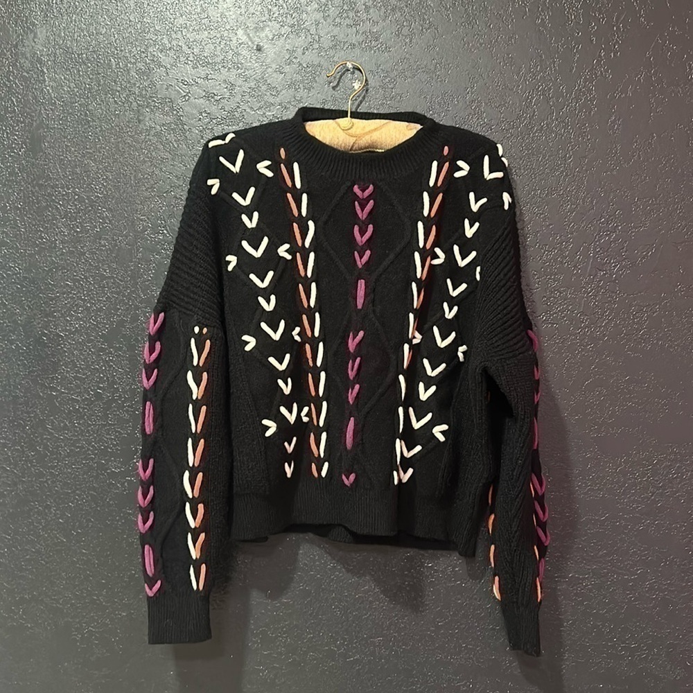 &MERCI Black Multicolored Knit Crew Neck Sweater Size L